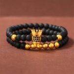 Set Gold Black Natural Stone Bead Bracelet